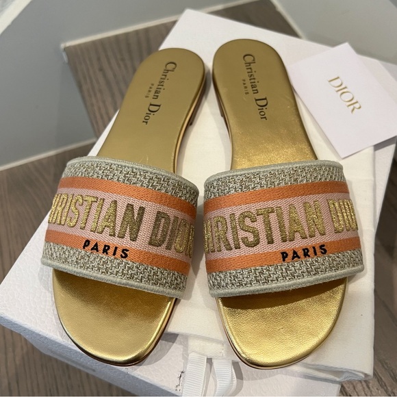 DIOR Dway Gold Embroidered Slide Sandals - Picture 2 of 5